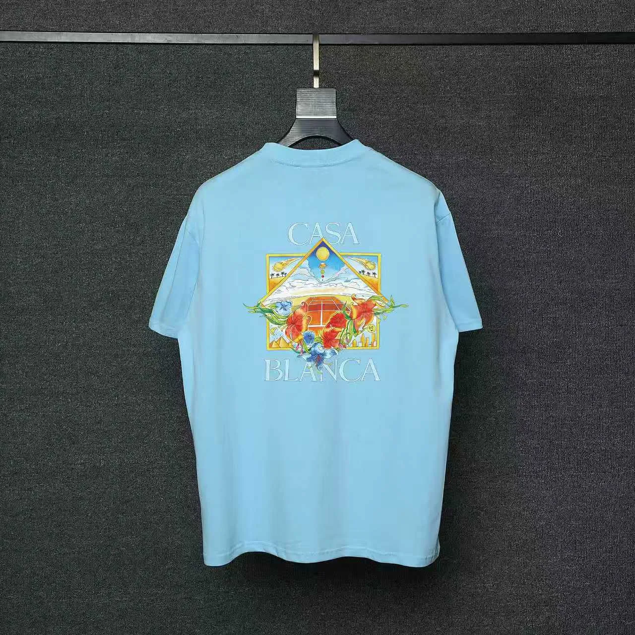 26ss CASABLANCA original printing process short-sleeved T-shirt original development using high-density double yarn pure cotton fabric upper body soft and comfortable color Black White Dark Green color Orange Pink Blue Royal Blue color cigarette powder 8 colors Sizes S M L XL